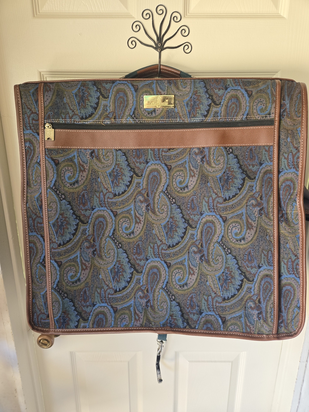 Vintage Blue Paisley Travel Garment Bag with Brown Trim